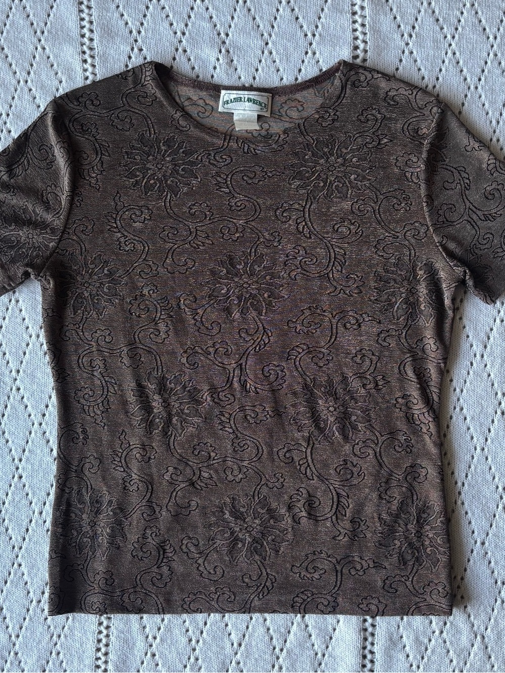 Vintage 90s Frazier Lawrence Floral Burnout Top, Slinky Short Sleeve Tee Large